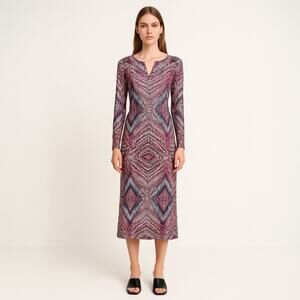 Anne Klein Multicolor Long Sleeve V Split Neck Geometric Shift Midi Dress Size 4